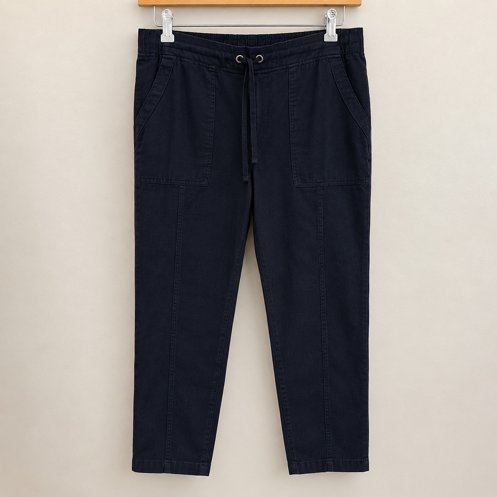 Athleta Navy Blue 100% Linen Drawstring Patch Pocket Pants Sz 12 Casual Comfort